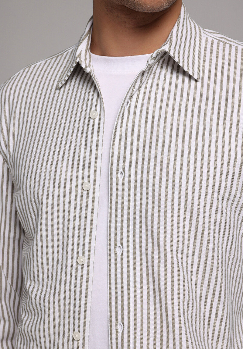 Regular Fit Shirt Neck Çizgili Erkek Yeşil Uzun Kol Gömlek