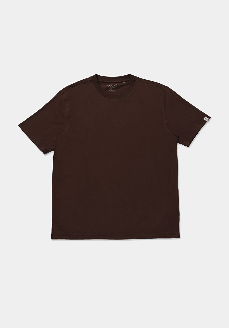 Comfort Fit Yuvarlak Yaka Düz Erkek Kahverengi Kısa Kol Tişört