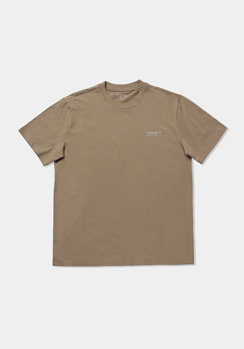 Comfort Fit Yuvarlak Yaka Düz Erkek Bej Kısa Kol Tişört