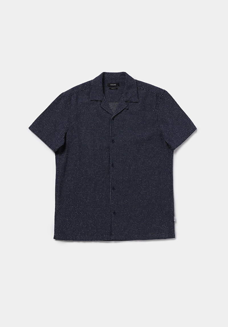 Regular Fit Shirt Neck Jakarlı Erkek Mavi Kısa Kol Gömlek