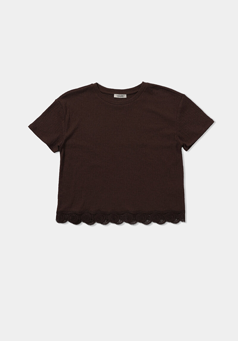 Regular Fit Yuvarlak Yaka Düz Kadın Kahverengi Kısa Kol Tişört