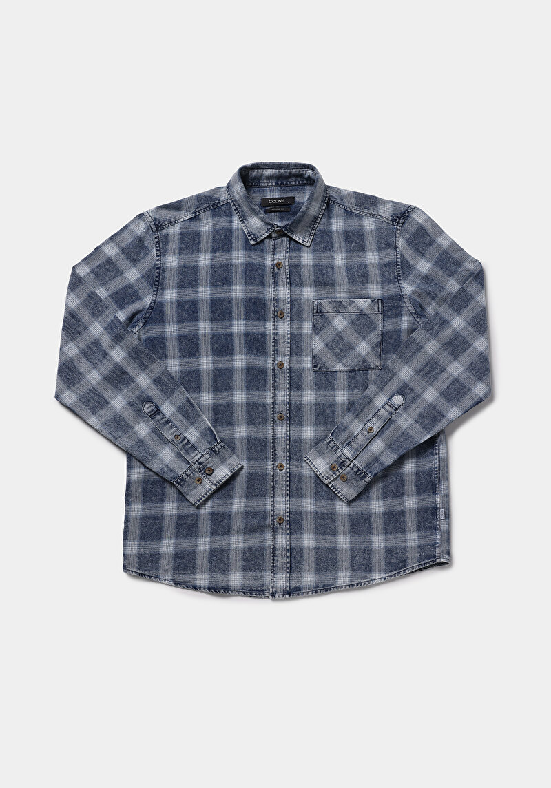 Regular Fit Shirt Neck Ekoseli Erkek Mavi Uzun Kol Gömlek