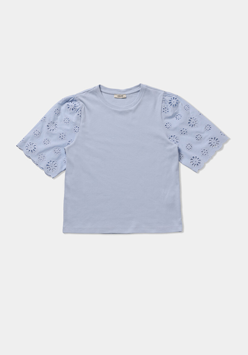 Regular Fit Yuvarlak Yaka Düz Kadın Mavi Kısa Kol Tişört