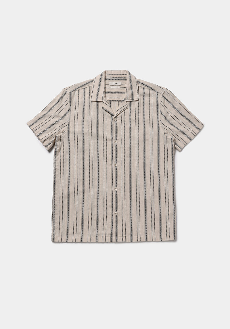 Regular Fit Shirt Neck Çizgili Erkek Ekru Kısa Kol Gömlek