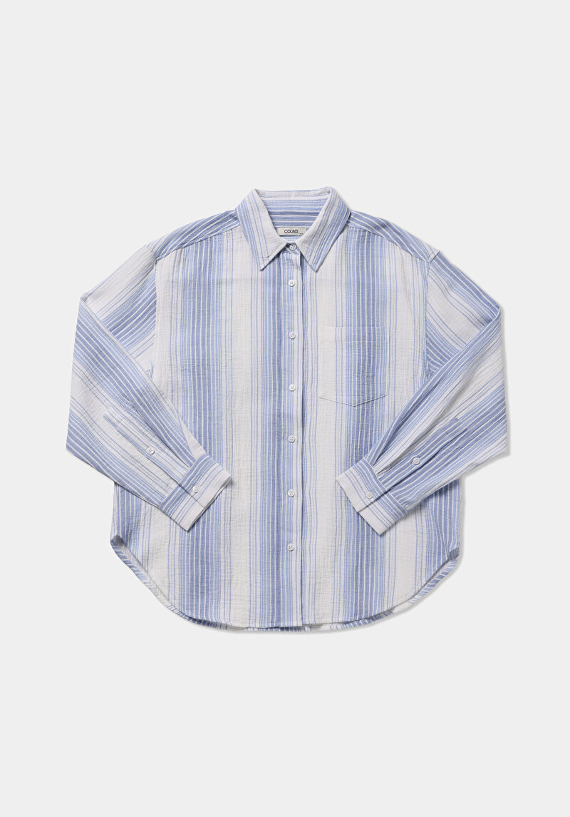 Oversize Shirt Neck Çizgili Kadın Mavi Uzun Kol Gömlek