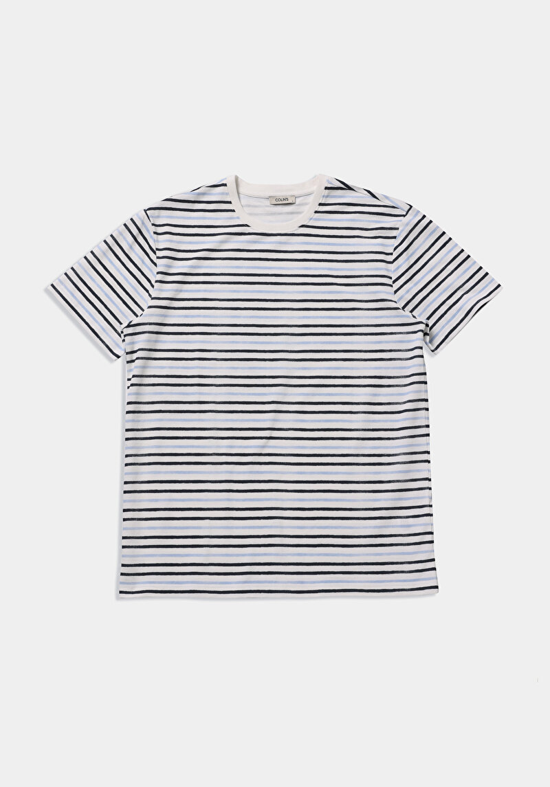 Regular Fit Yuvarlak Yaka Çizgili Erkek Mavi Kısa Kol Tişört