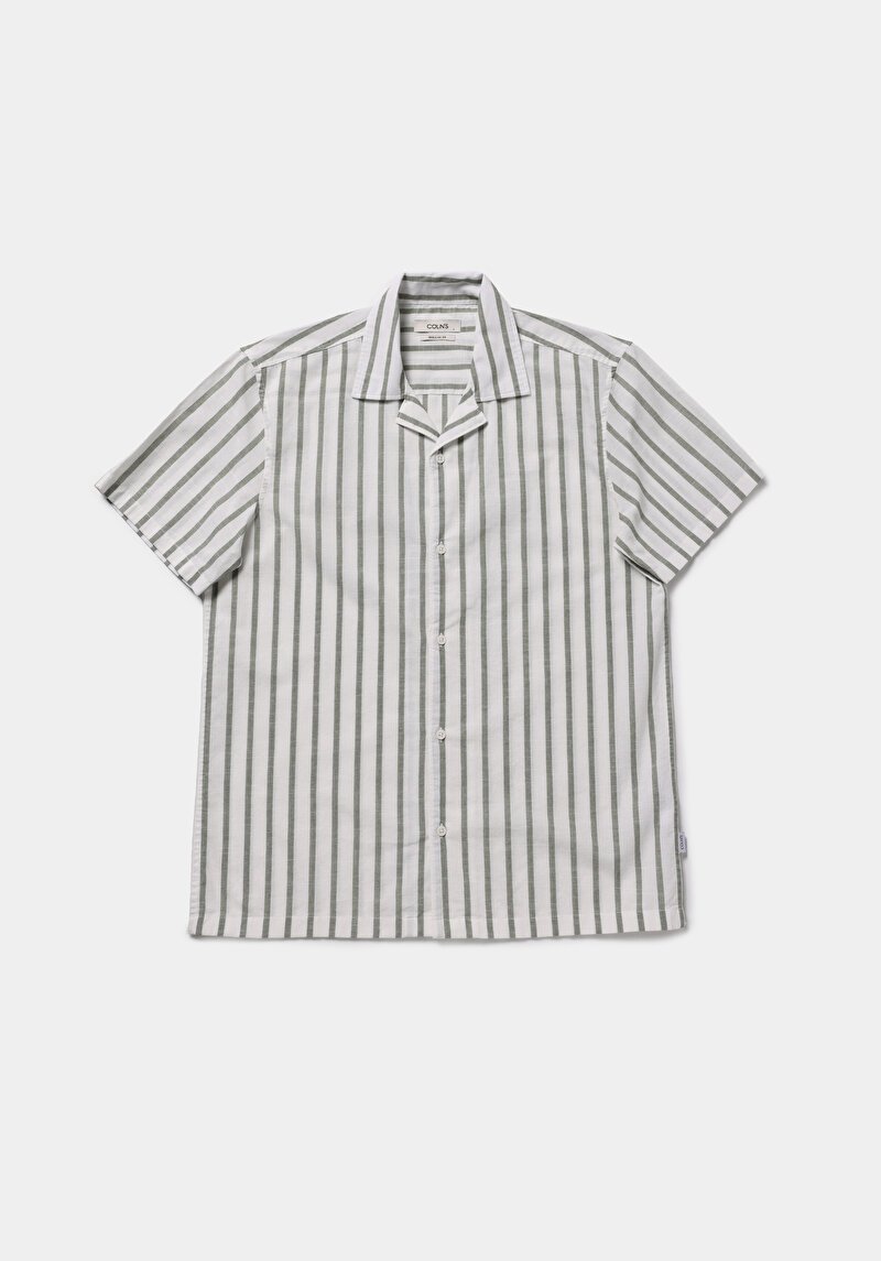 Regular Fit Shirt Neck Çizgili Erkek Yeşil Kısa Kol Gömlek