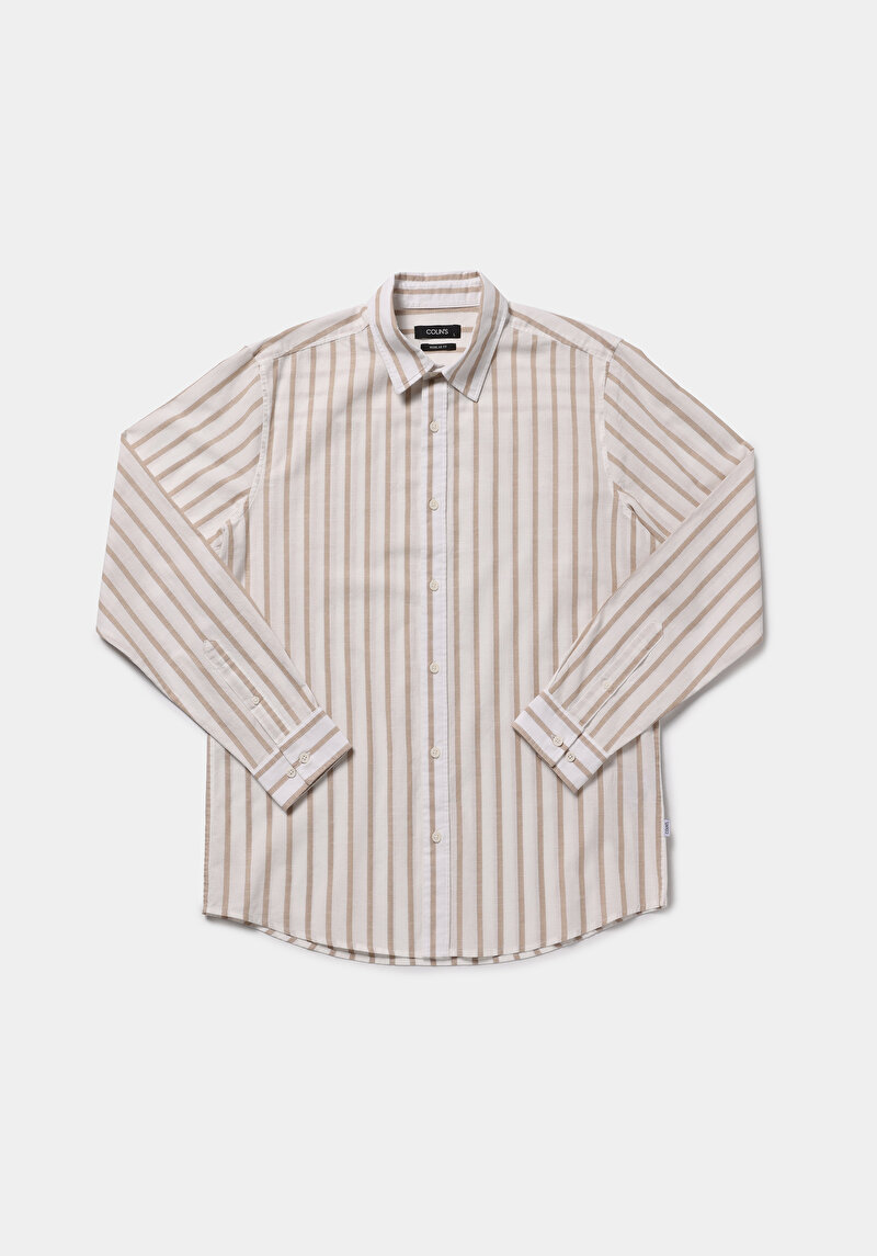 Regular Fit Shirt Neck Çizgili Erkek Bej Uzun Kol Gömlek