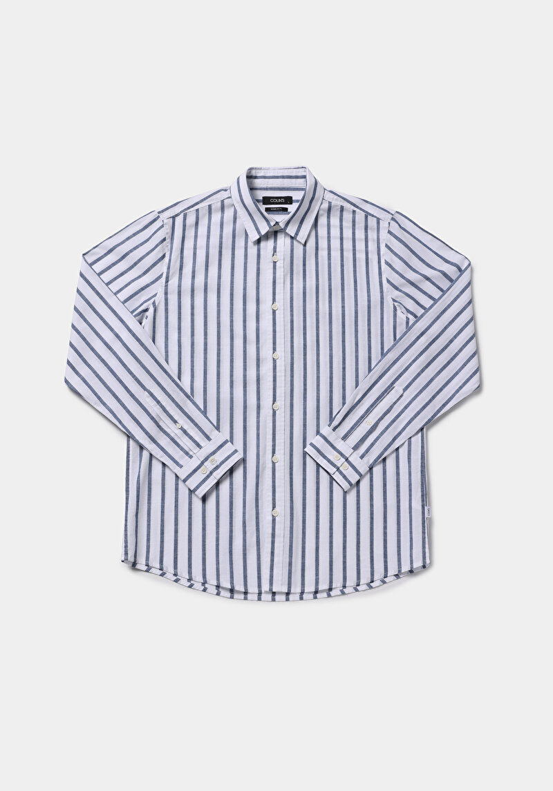 Regular Fit Shirt Neck Çizgili Erkek Mavi Uzun Kol Gömlek