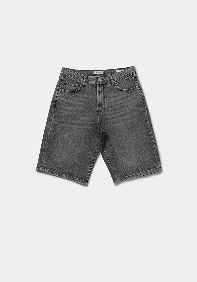 Loose Fit Orta Bel Düz Erkek Black Denim Jean Şort