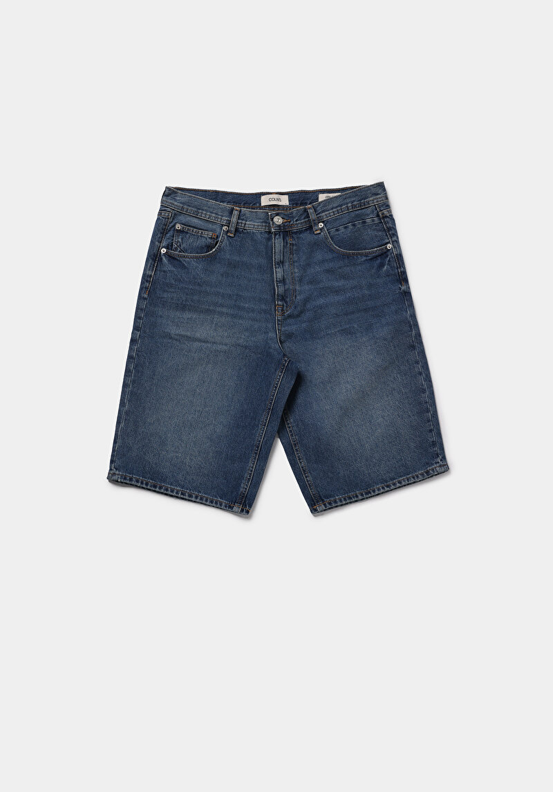 Loose Fit Orta Bel Düz Erkek Mid İndigo Denim Jean Şort
