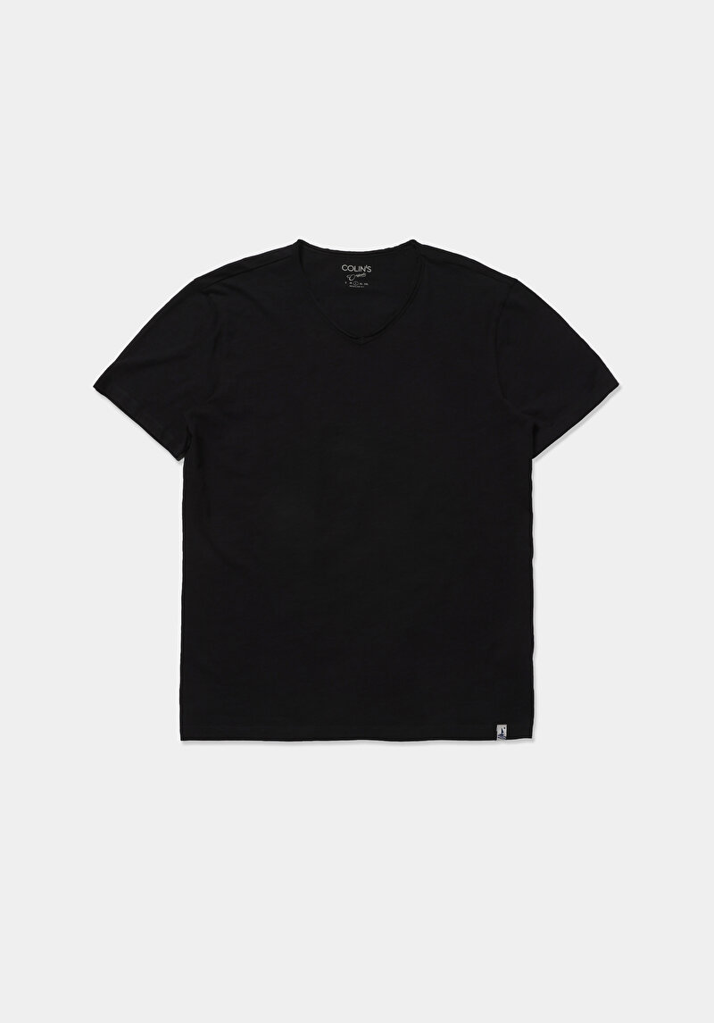 Regular Fit V Yaka Düz Erkek Siyah Kısa Kol Tişört
