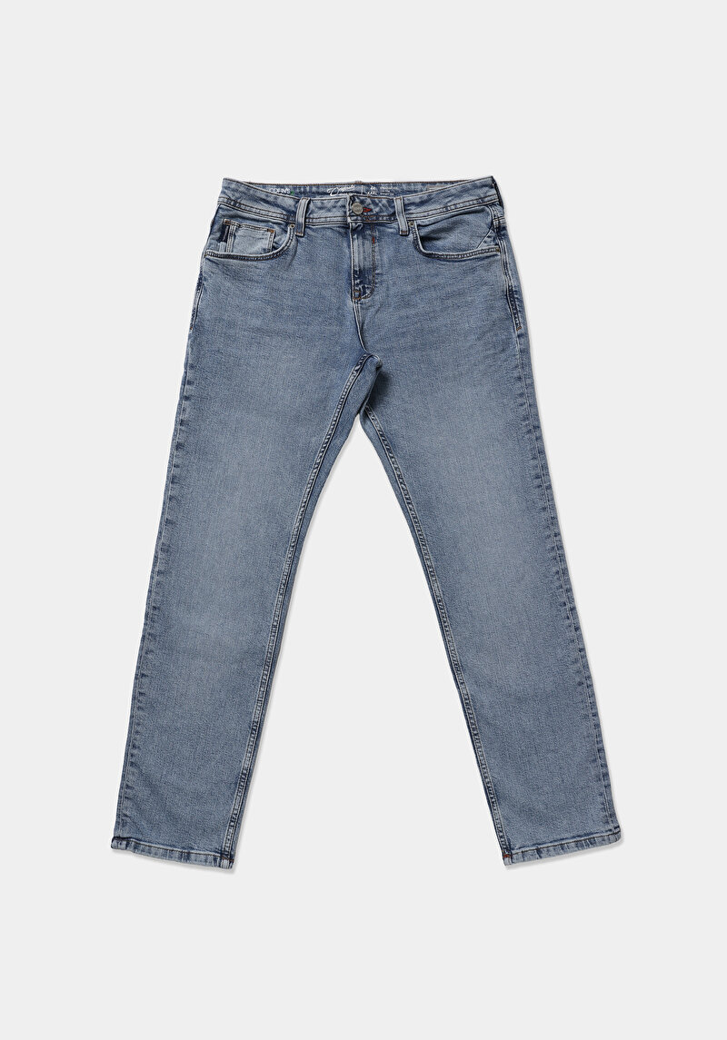 Straight Fit Düşük Bel Düz Paça Erkek Light İndigo Denim Jean Fermuarlı Pantolon
