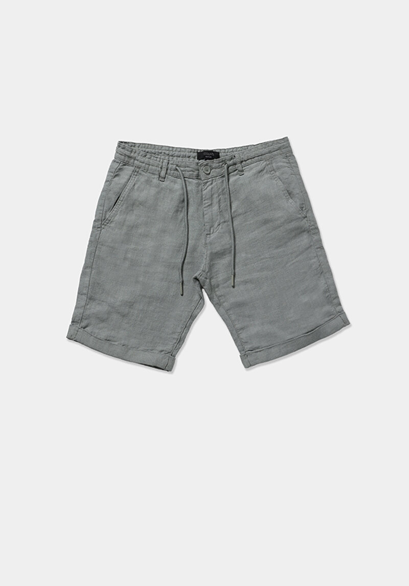 Regular Fit Orta Bel Keten Düz Erkek Yeşil Şort