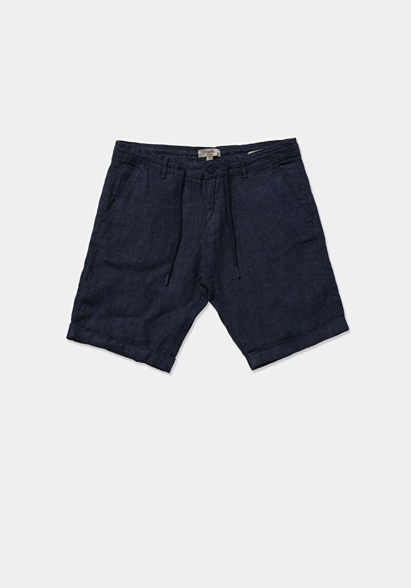 Regular Fit Orta Bel Düz Keten Erkek Lacivert Şort