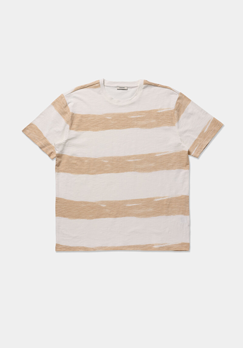 Comfort Fit Yuvarlak Yaka Çizgili Erkek Bej Kısa Kol Tişört
