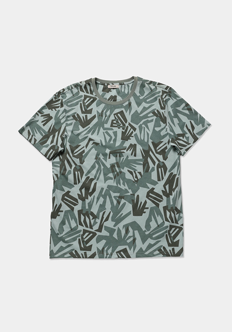 Regular Fit Yuvarlak Yaka Baskılı Erkek Yeşil Kısa Kol Tişört