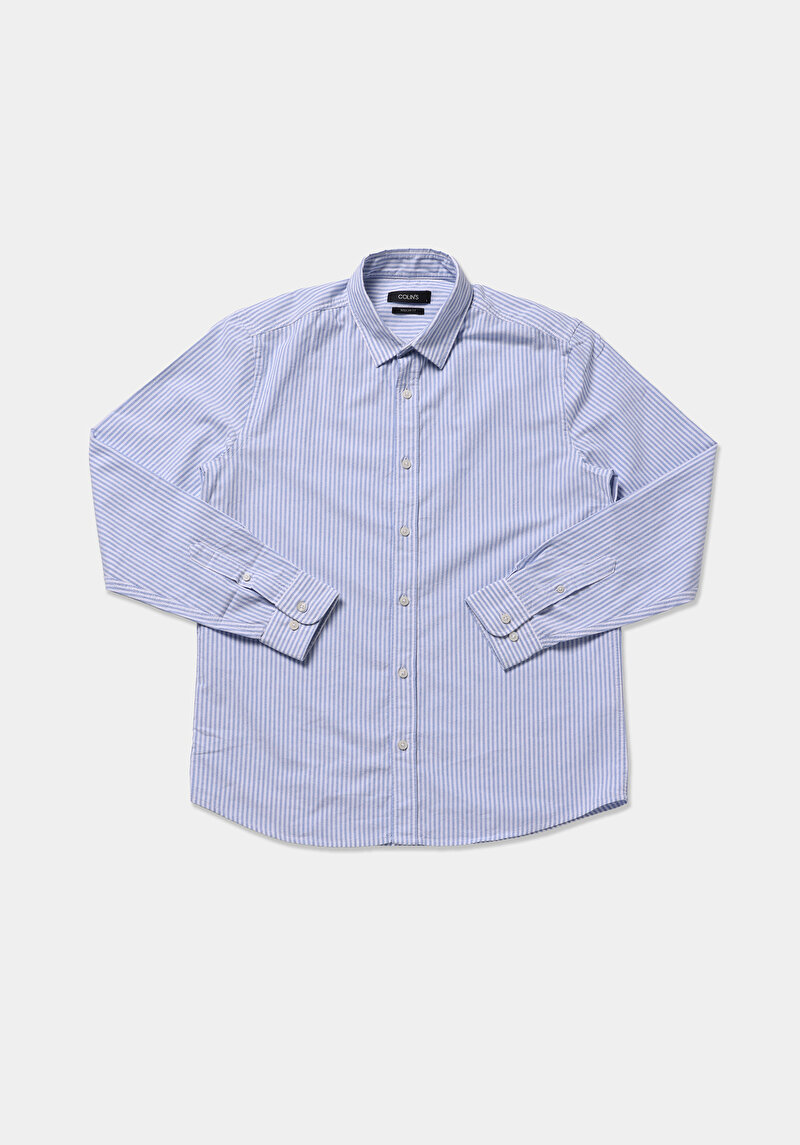 Regular Fit Shirt Neck Çizgili Erkek Mavi Uzun Kol Gömlek