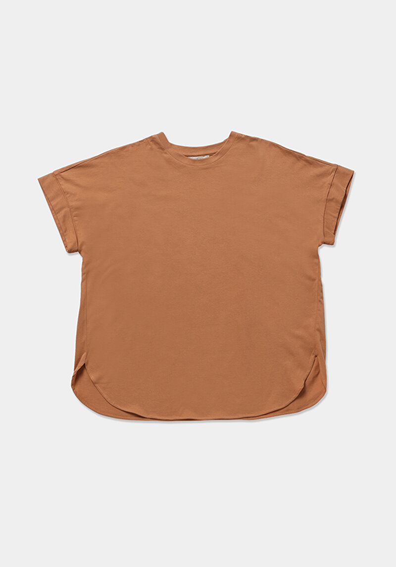 Regular Fit Yuvarlak Yaka Düz Kadın Turuncu Kısa Kol Tişört
