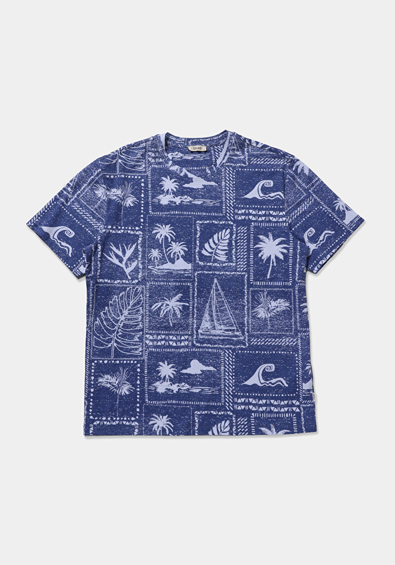 Comfort Fit Yuvarlak Yaka Baskılı Erkek Mavi Kısa Kol Tişört