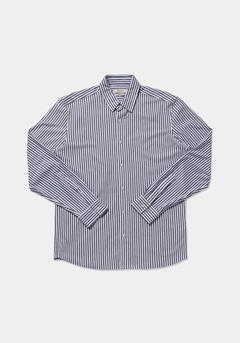 Regular Fit Shirt Neck Çizgili Erkek Mavi Uzun Kol Gömlek