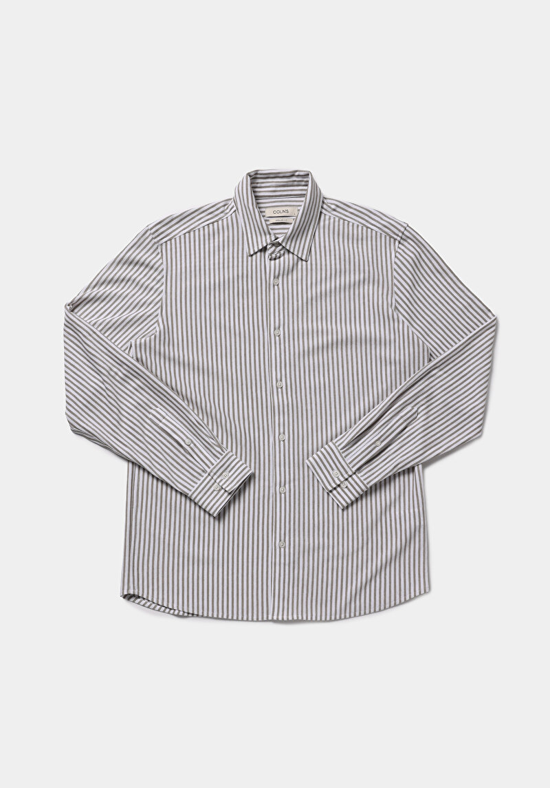 Regular Fit Shirt Neck Çizgili Erkek Yeşil Uzun Kol Gömlek