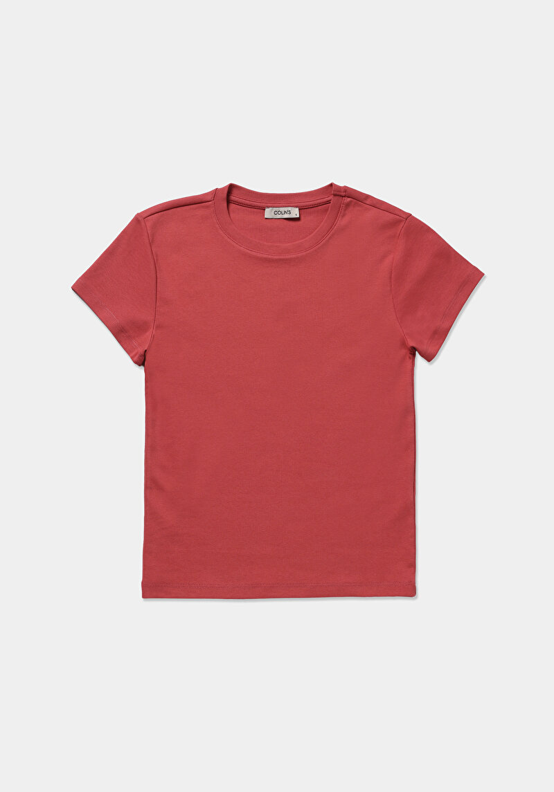 Slim Fit Yuvarlak Yaka Düz Kadın Kirmizi Kısa Kol Tişört