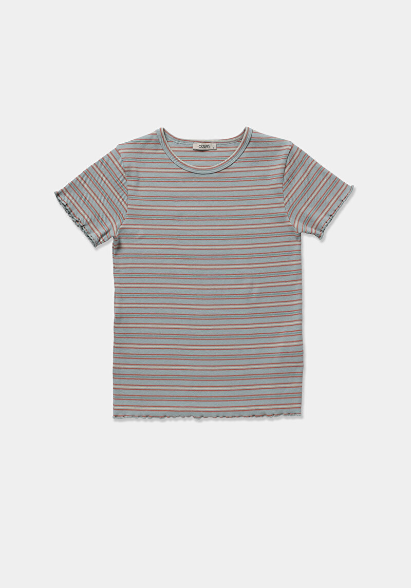 Slim Fit Yuvarlak Yaka Çizgili Kadın Çok Renkli Kısa Kol Tişört