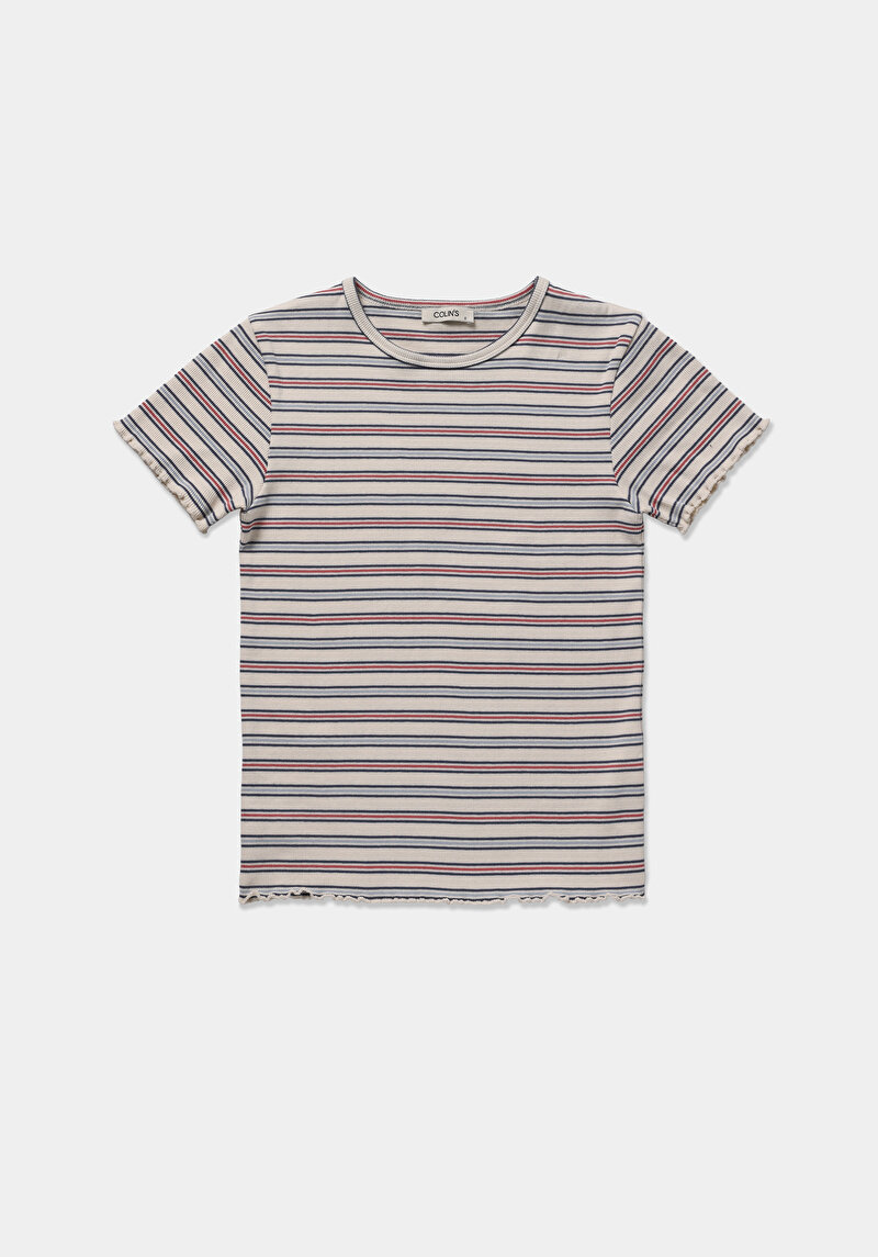 Slim Fit Yuvarlak Yaka Çizgili Kadın Çok Renkli Kısa Kol Tişört