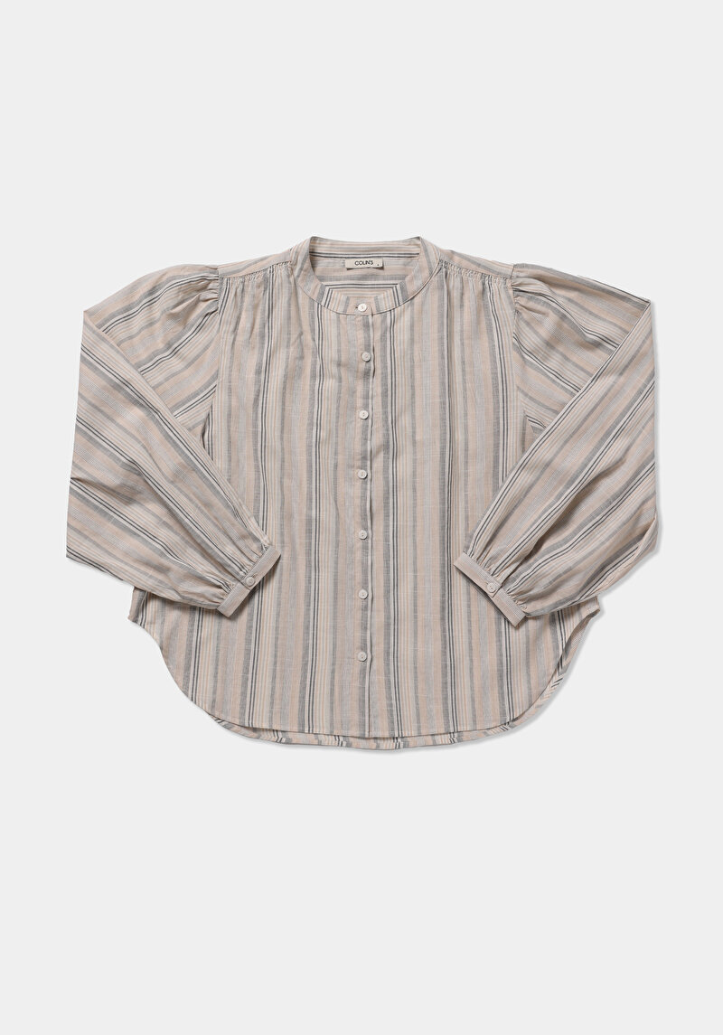 Fashion Fit Hakim Yaka Çizgili Kadın Bej Uzun Kol Gömlek