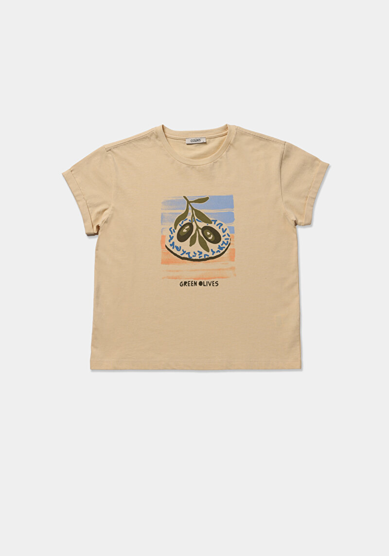 Regular Fit Yuvarlak Yaka Baskılı Kadın Sari Kısa Kol Tişört