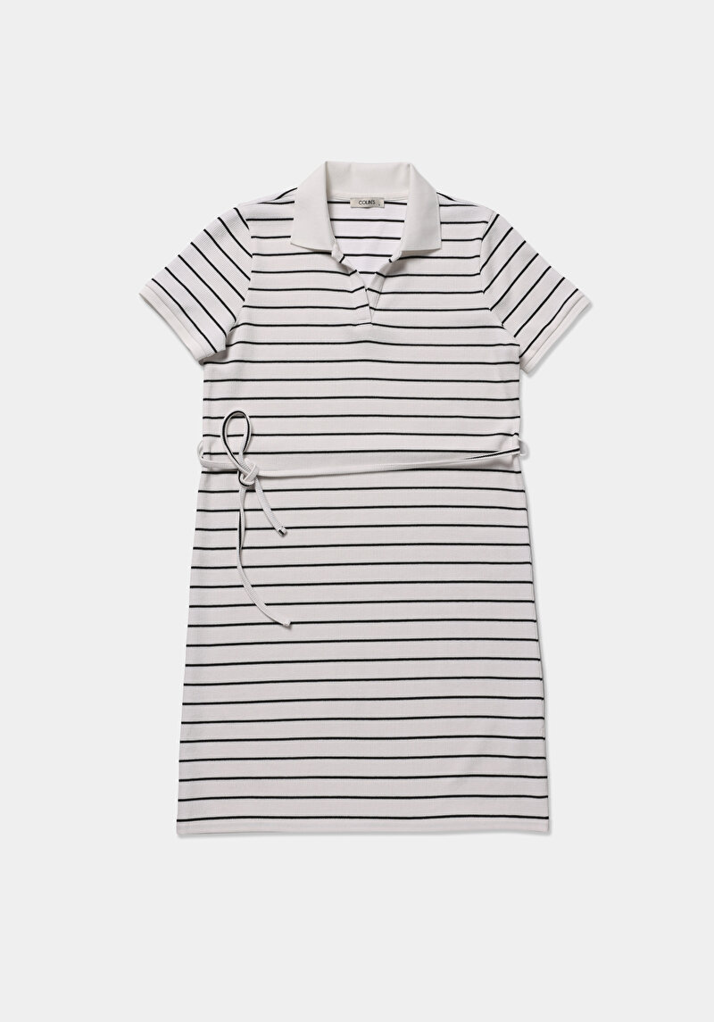 Regular Fit Çizgili Kadın Siyah Kısa Kol Elbise