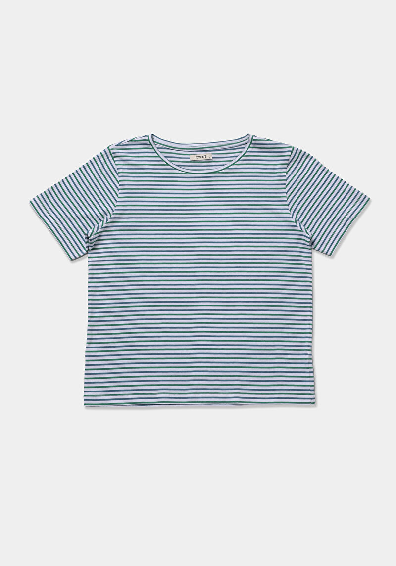 Regular Fit Yuvarlak Yaka Çizgili Kadın Yeşil Kısa Kol Tişört