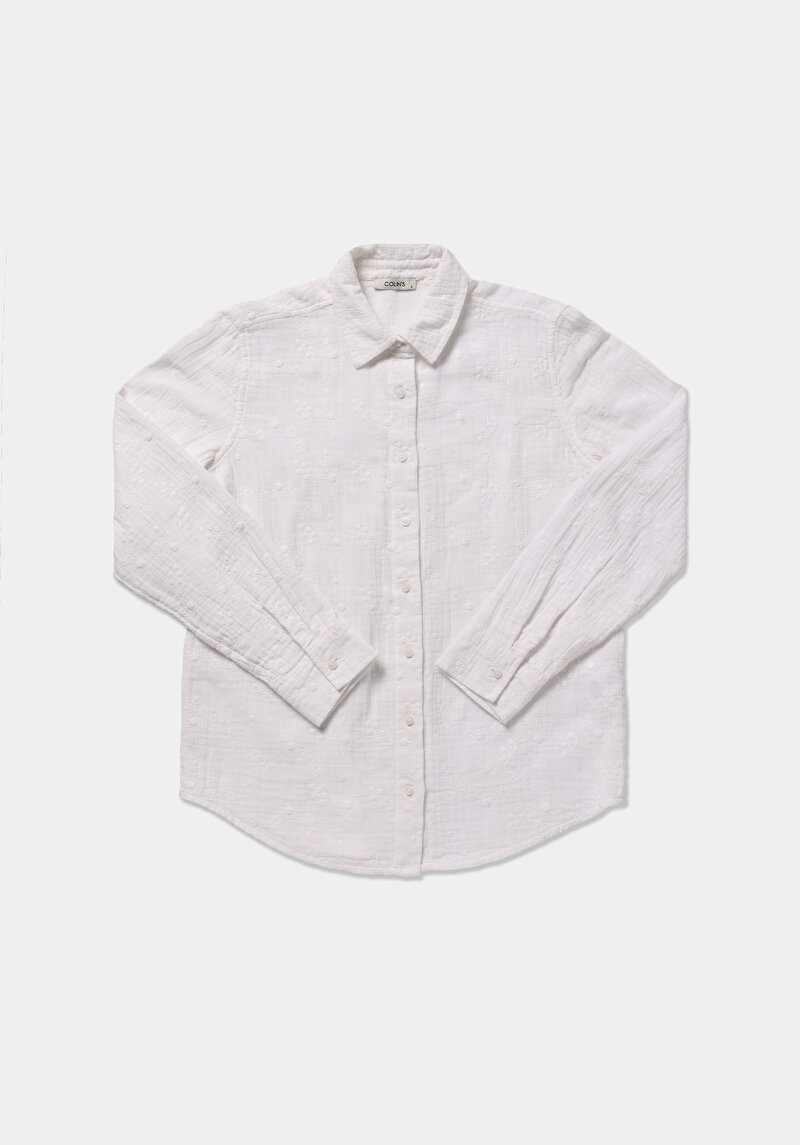 Regular Fit Shirt Neck Düz Kadın Beyaz Uzun Kol Gömlek