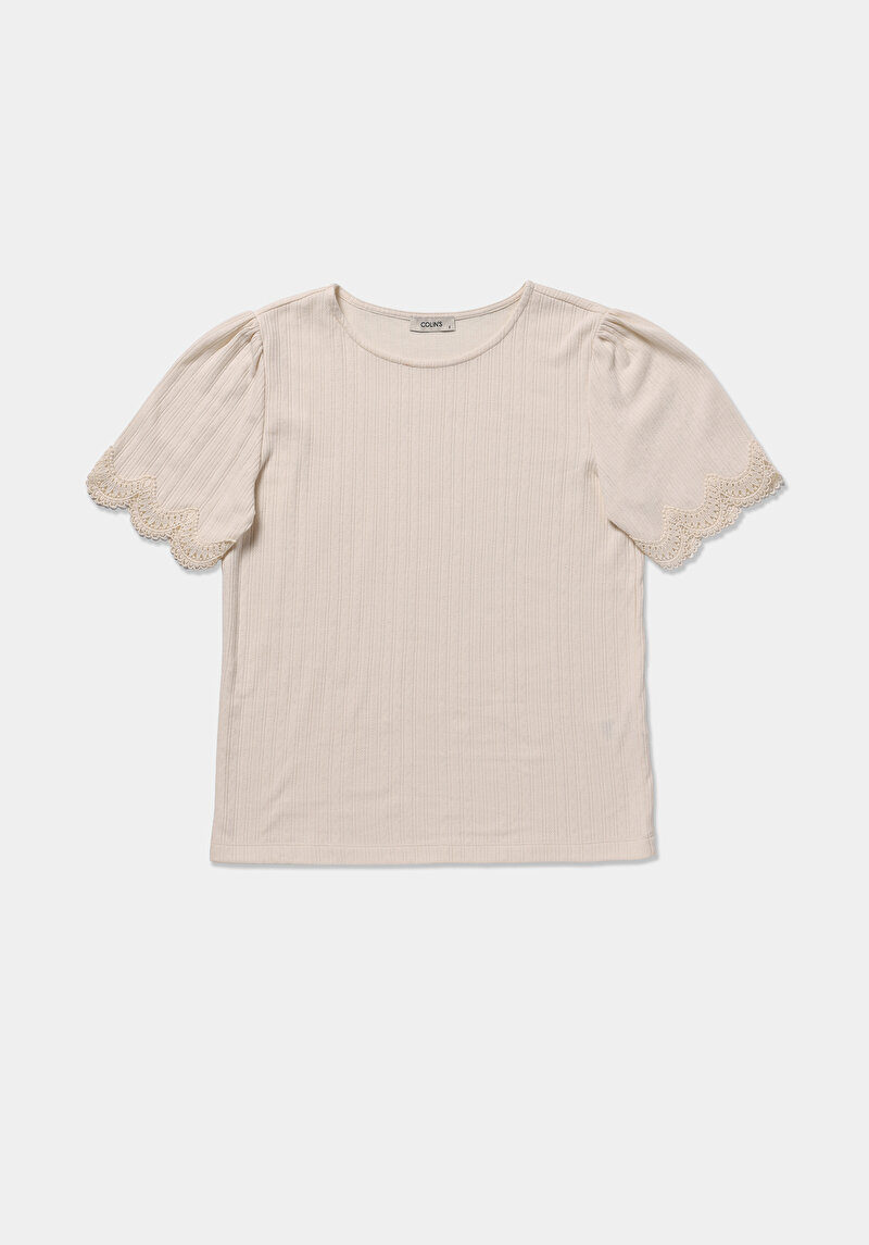 Regular Fit Yuvarlak Yaka Düz Kadın Ekru Kısa Kol Tişört