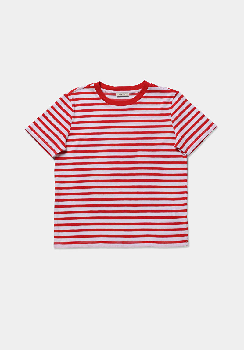 Regular Fit Yuvarlak Yaka Çizgili Kadın Kirmizi Kısa Kol Tişört