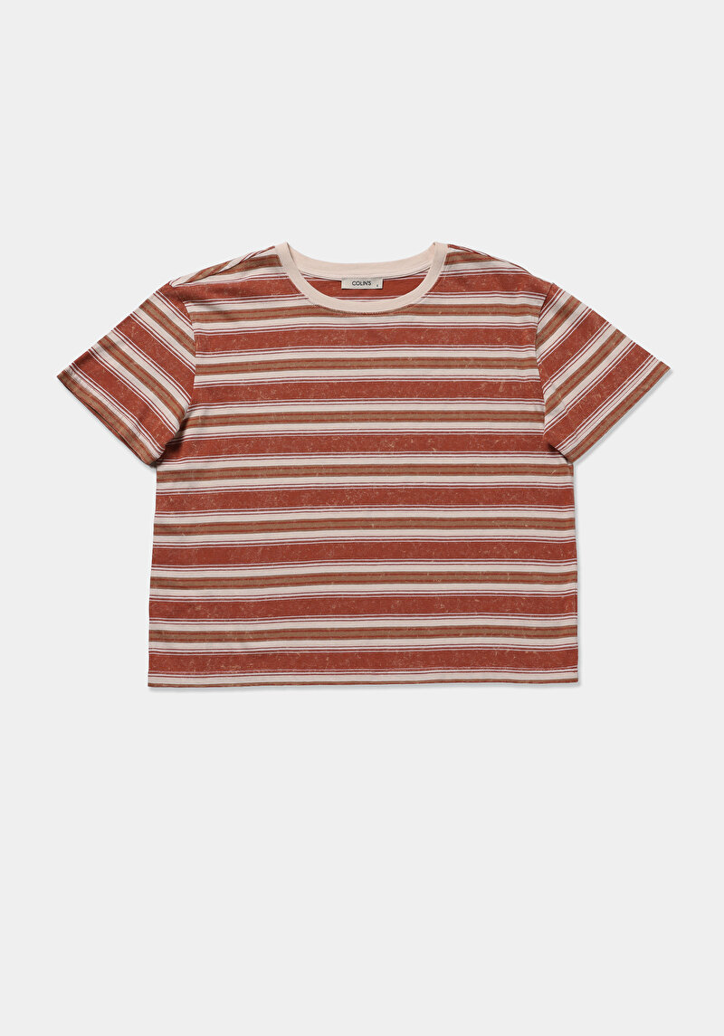 Regular Fit Yuvarlak Yaka Çizgili Kadın Kahverengi Kısa Kol Tişört