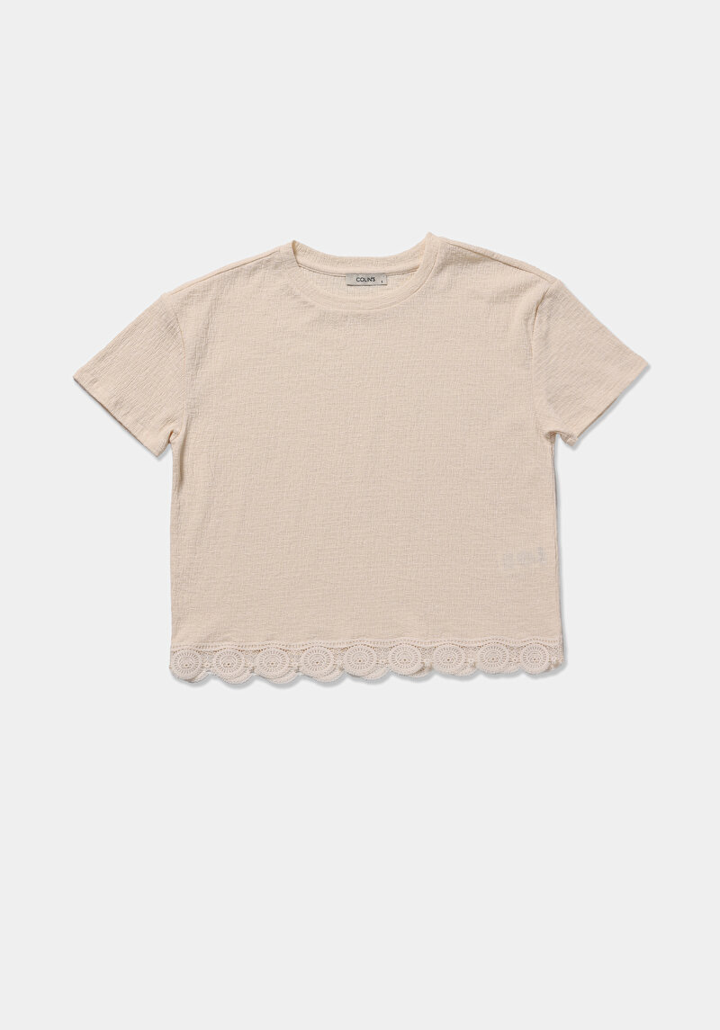 Regular Fit Yuvarlak Yaka Düz Kadın Ekru Kısa Kol Tişört