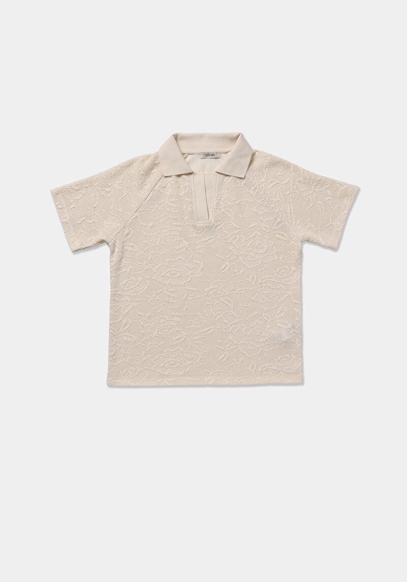 Regular Fit Polo Yaka Jakarlı Kadın Ekru Kısa Kol Tişört