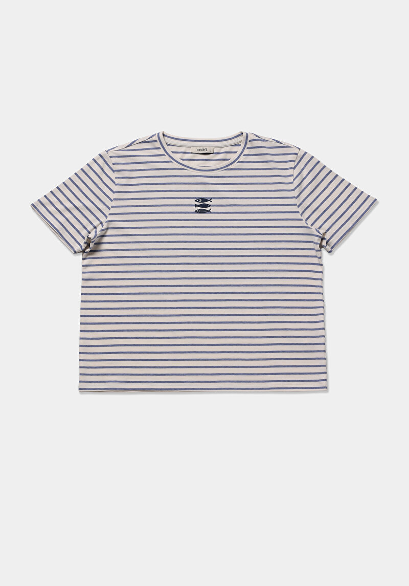 Regular Fit Yuvarlak Yaka Çizgili Kadın Mavi Kısa Kol Tişört