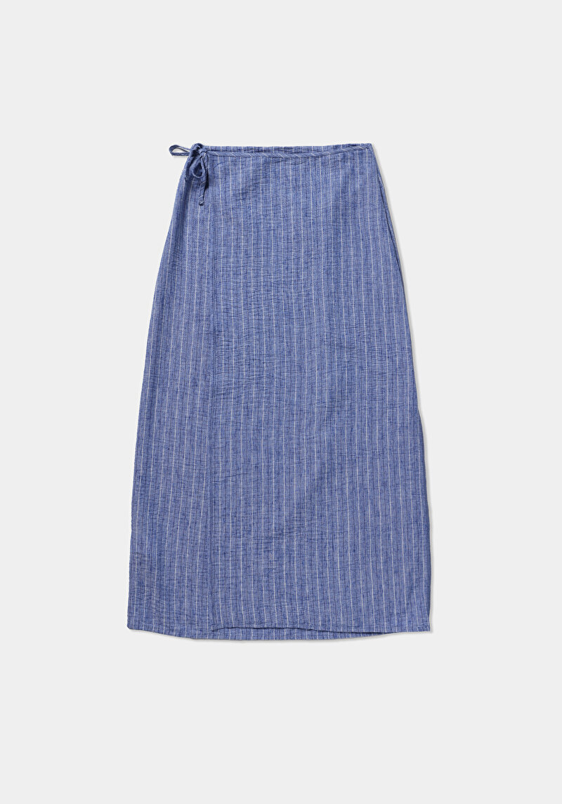 Midi Çizgili  Kadın Mavi Etek