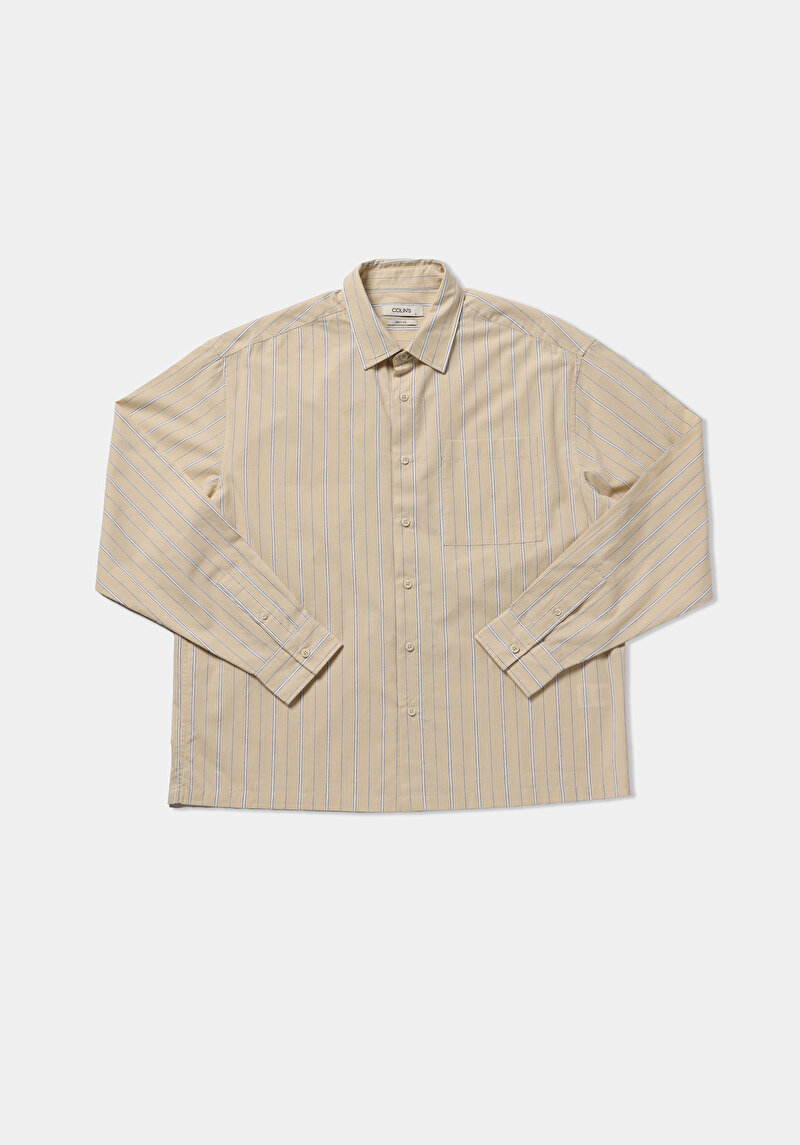 Boxy Fit Shirt Neck Çizgili Erkek Sari Uzun Kol Gömlek