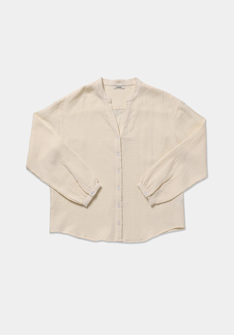 Fashion Fit Yuvarlak Yaka Düz Kadın Sari Uzun Kol Gömlek