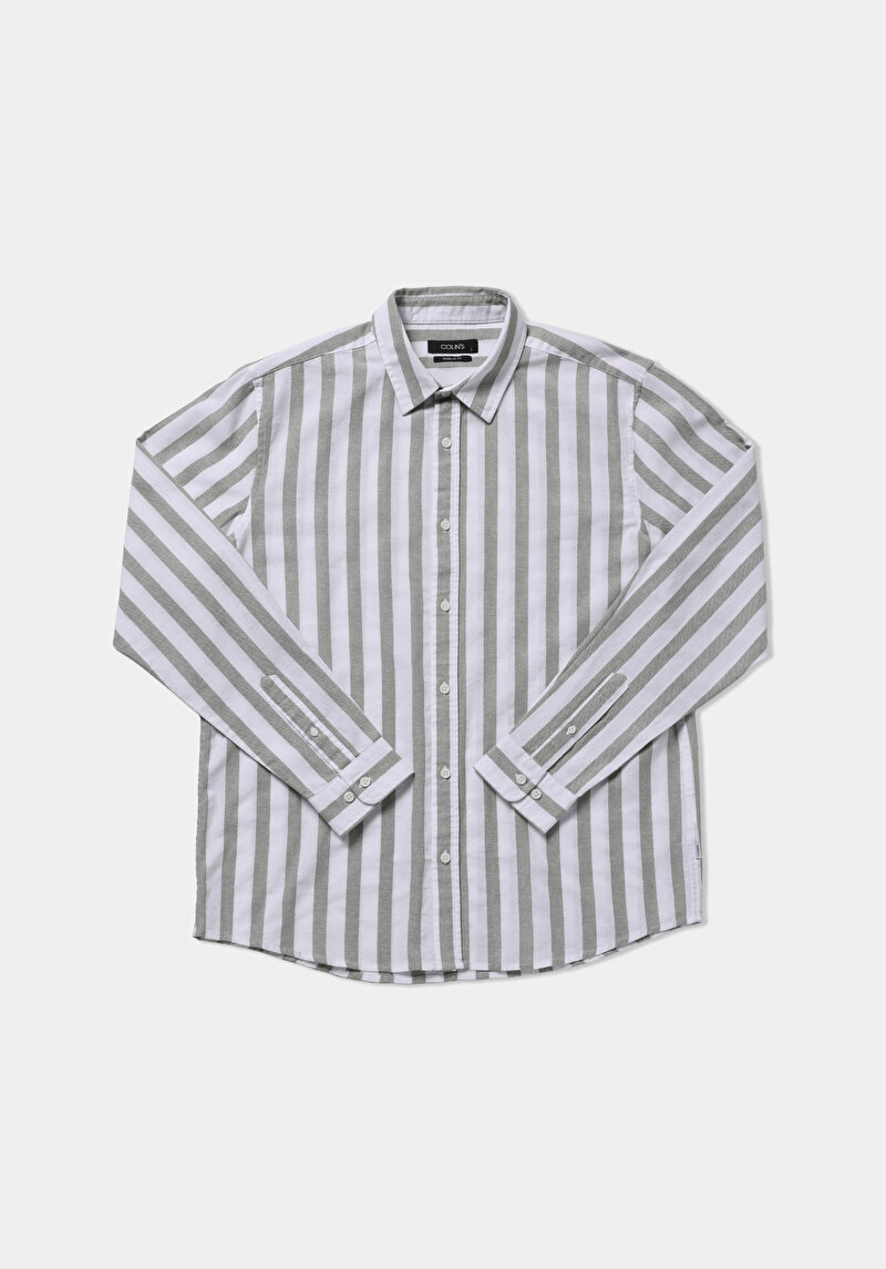 Regular Fit Shirt Neck Çizgili Erkek Yeşil Uzun Kol Gömlek