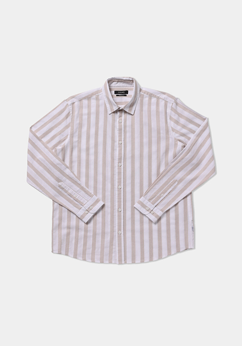 Regular Fit Shirt Neck Çizgili Erkek Bej Uzun Kol Gömlek