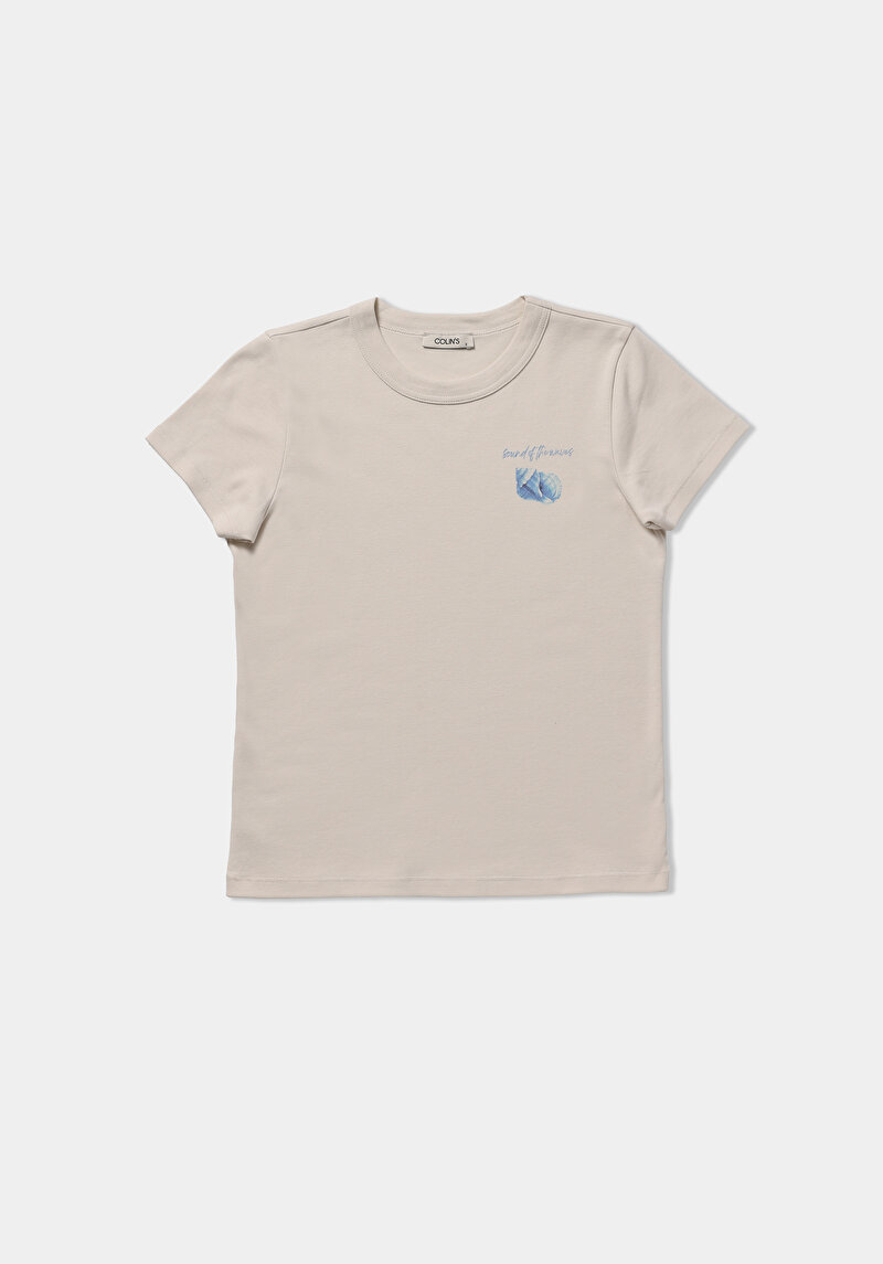 Slim Fit Yuvarlak Yaka Baskılı Kadın Taş Kısa Kol Tişört