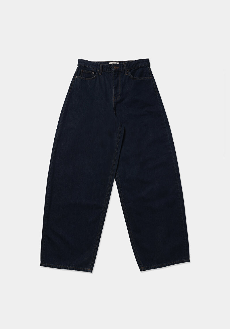 Baggy Fit Orta Bel Daralan Paça Kadın Dark İndigo Denim Jean Pantolon