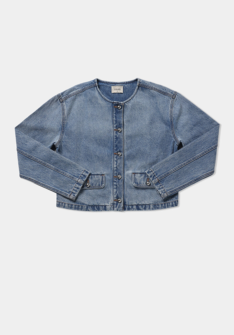 Regular Fit Düğmeli Astarsız  Kadın Mid İndigo Denim Ceket