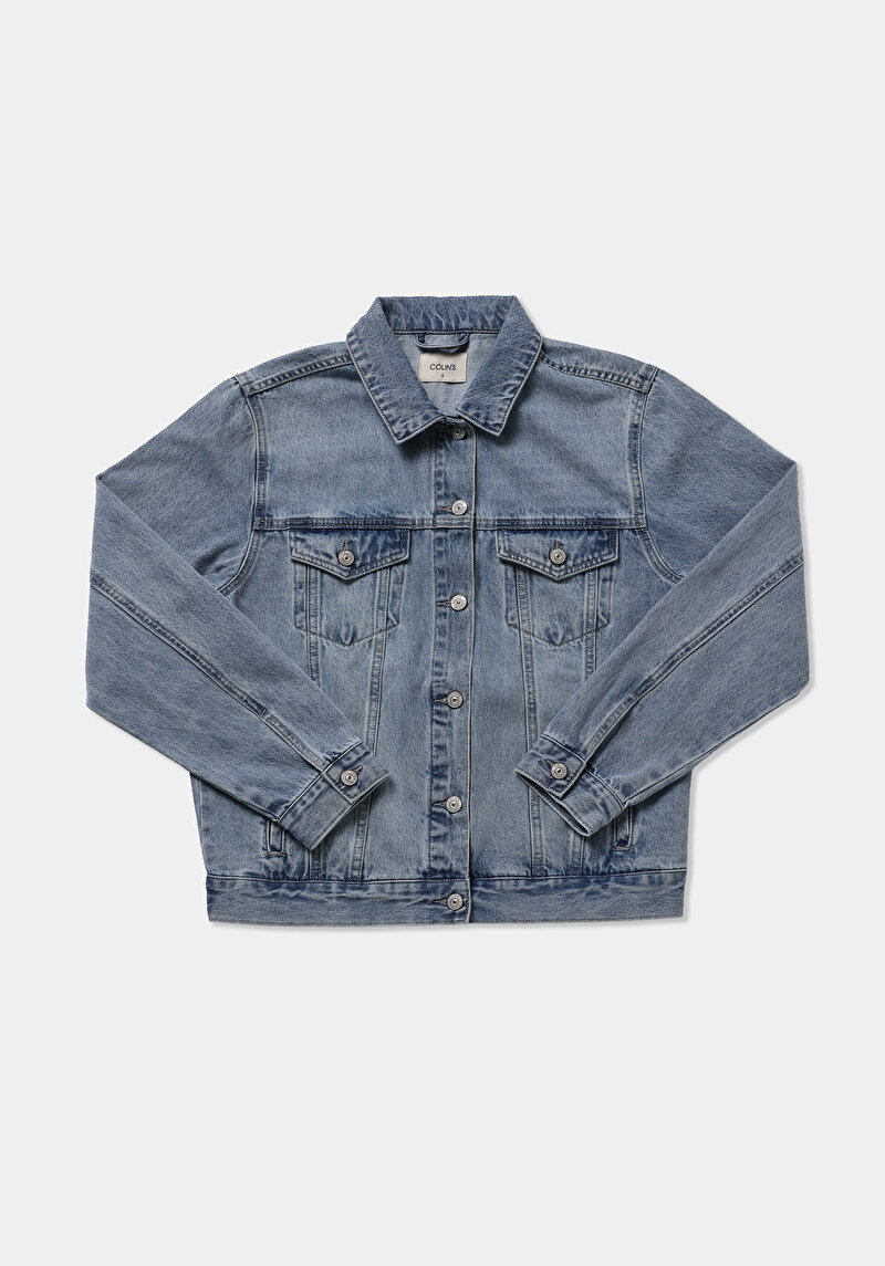 Regular Fit Düğmeli Astarsız  Kadın Mid İndigo Denim Ceket