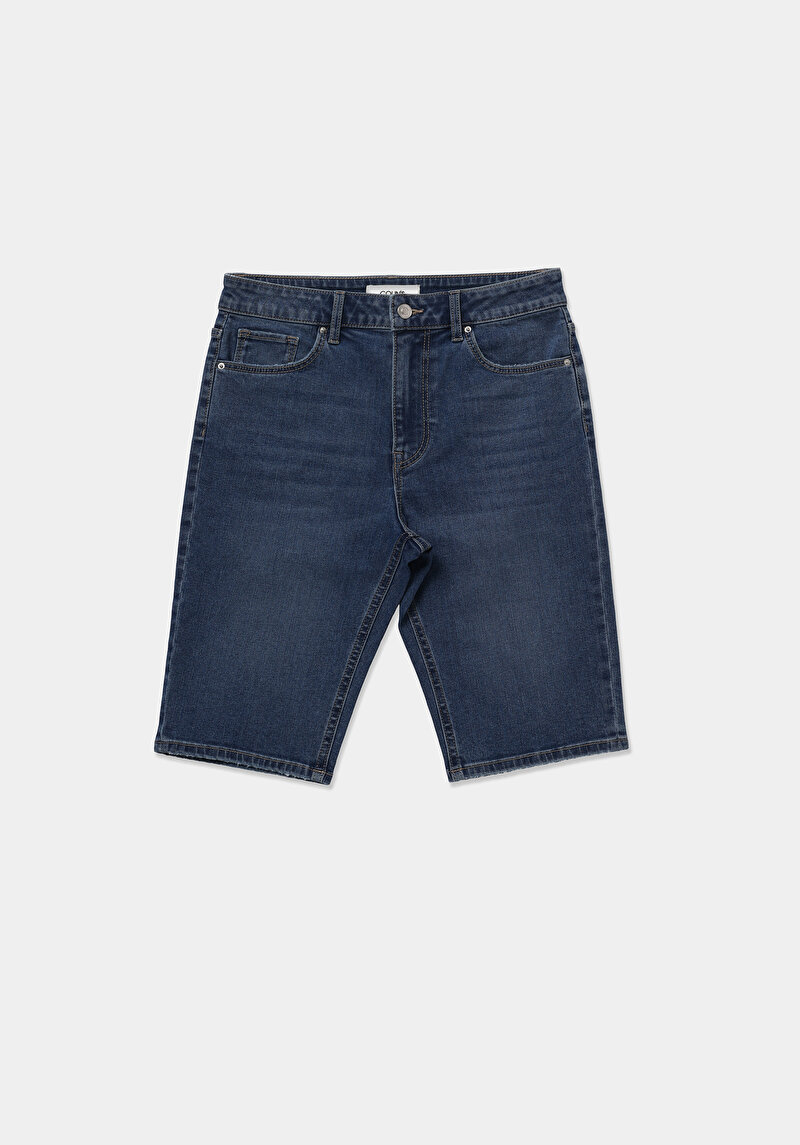 Slim Fit Yüksel Bel Düz Kadın Mid İndigo Denim Jean Şort